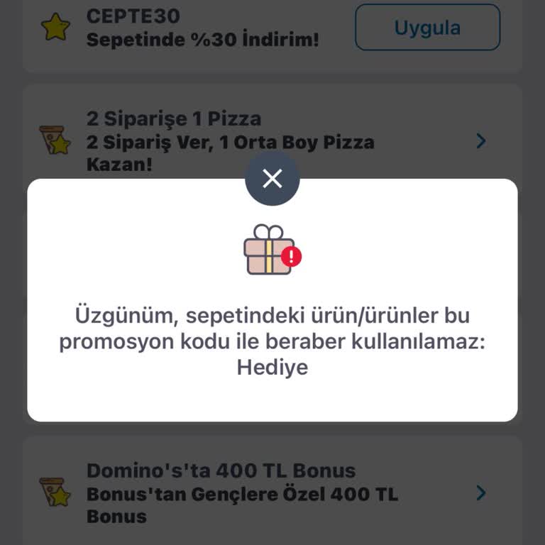 Hediye Pizza 1+1 Menüsü Ve %30 İndirimi Tek Siparişte Kullanamamak
