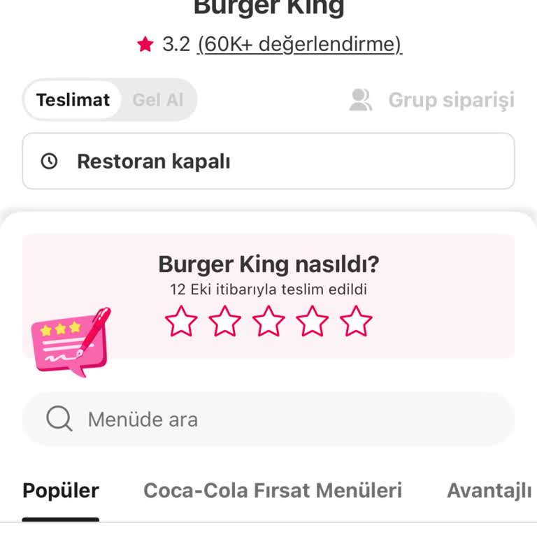 Yemeksepeti Üzerinden Burger King Siparişinde Teslimat Gecikmesi Ve İptal Seçeneğinin Çalışmaması