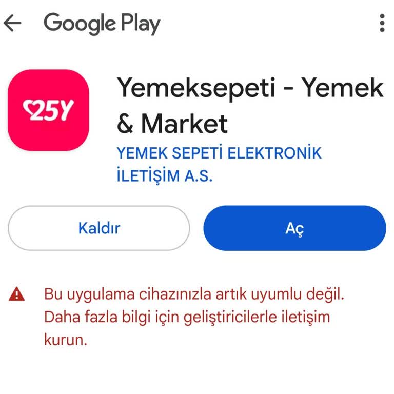 Yemeksepeti Uygulaması Android 14'te Uyumlu Değil Uyarısı Veriyor