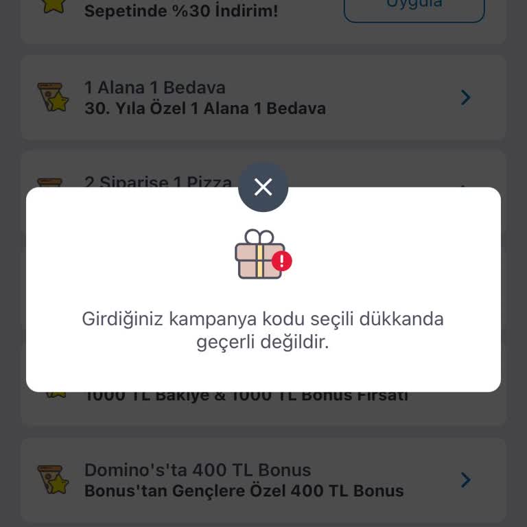 Domino's Uygulamasında Cepte30 Ve Fırsat30 Kampanya Kodları Çalışmıyor